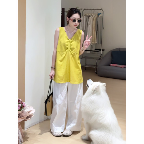 小衆v領褶皺無袖背心襯衫女2025夏季新款寬松設計感棉麻小衫上衣