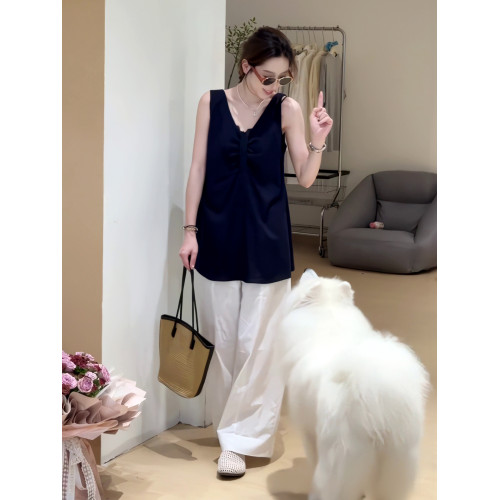 小衆v領褶皺無袖背心襯衫女2025夏季新款寬松設計感棉麻小衫上衣