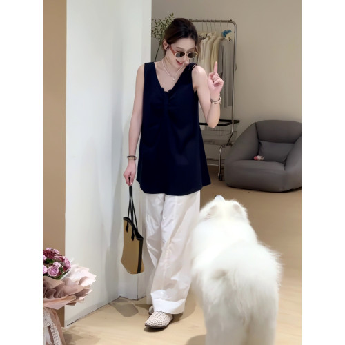 小衆v領褶皺無袖背心襯衫女2025夏季新款寬松設計感棉麻小衫上衣