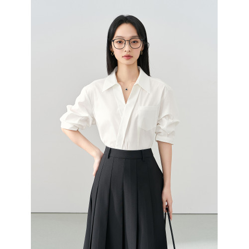 伯德小姐白色V領襯衫女士夏季面試穿搭通勤正裝短袖上衣職業襯衣