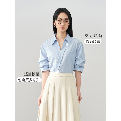 伯德小姐白色V領襯衫女士夏季面試穿搭通勤正裝短袖上衣職業襯衣
