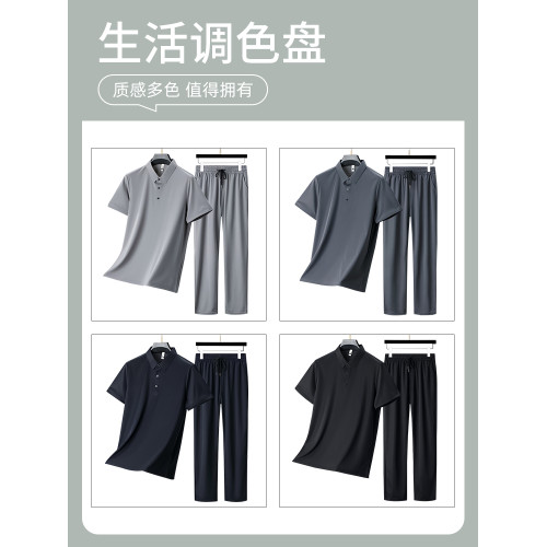 啄木鳥官方男士短袖T恤夏季兩件套裝中老年爸爸父親裝polo衫衣服