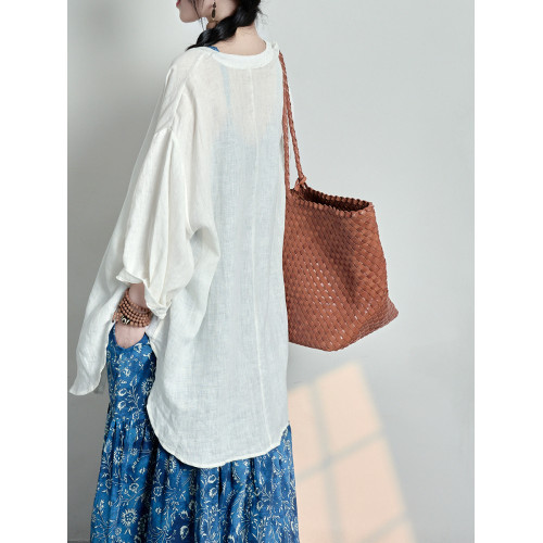 爲止/2025問璟 原創設計 文藝氣質新中式寬鬆亞麻襯衫 白051606