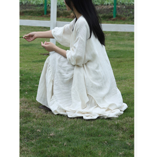 爲止/2025問璟 原創設計 文藝氣質新中式寬鬆亞麻襯衫 白051606