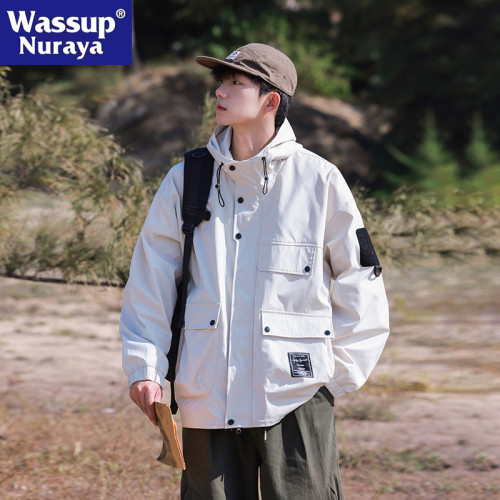 WASSUP NURAYA2024年新款日系工裝連帽沖鋒衣男外套寬松戶外夾克
