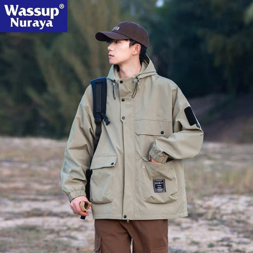 WASSUP NURAYA2024年新款日系工裝連帽沖鋒衣男外套寬松戶外夾克