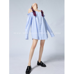 顧裡裡/藍色慵懶風襯衫夏季連衣裙女新款2025高級感長袖上衣寬松