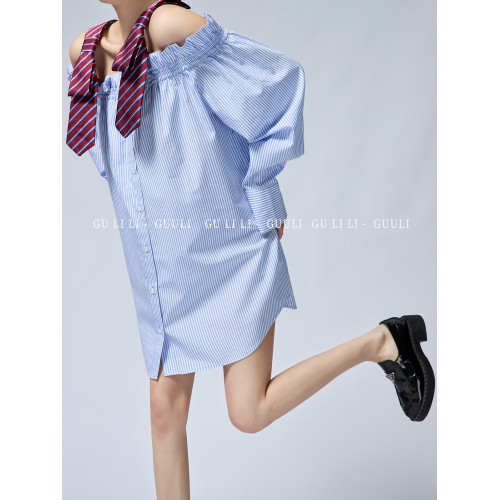 顧裡裡/藍色慵懶風襯衫夏季連衣裙女新款2025高級感長袖上衣寬松