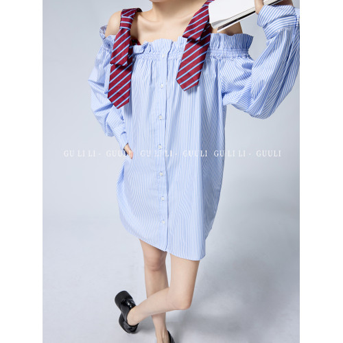 顧裡裡/藍色慵懶風襯衫夏季連衣裙女新款2025高級感長袖上衣寬松