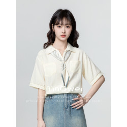 POLO領杏色雪紡襯衫女短袖2025新款夏季寬松薄款翻領飄帶襯衣上衣