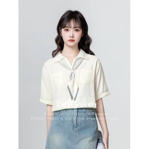 POLO領杏色雪紡襯衫女短袖2025新款夏季寬松薄款翻領飄帶襯衣上衣