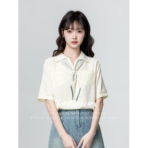 POLO領杏色雪紡襯衫女短袖2025新款夏季寬松薄款翻領飄帶襯衣上衣