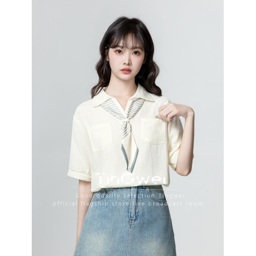 POLO領杏色雪紡襯衫女短袖2025新款夏季寬松薄款翻領飄帶襯衣上衣