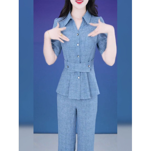 彩萱服飾襯衫領休閒套裝女2025新款夏季減齡正式場合直筒褲兩件套