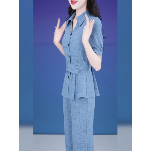 彩萱服飾襯衫領休閒套裝女2025新款夏季減齡正式場合直筒褲兩件套