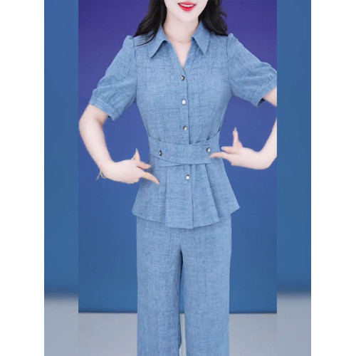彩萱服飾襯衫領休閒套裝女2025新款夏季減齡正式場合直筒褲兩件套