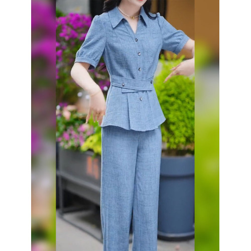 彩萱服飾襯衫領休閒套裝女2025新款夏季減齡正式場合直筒褲兩件套