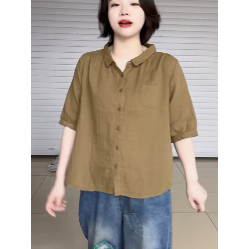 2025夏季POLO五分袖雙層棉紗上衣女全棉柔軟百搭襯衫文藝港風小衫