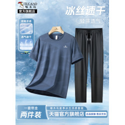 啄木鳥官方旗艦冰絲休閒套裝男士夏季薄款爸爸短袖t恤速乾兩件套K