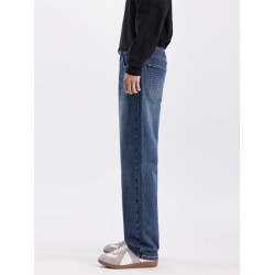 深藍色窄版直筒牛仔褲2025新款男秋冬款寬鬆濶腿休閒長褲子