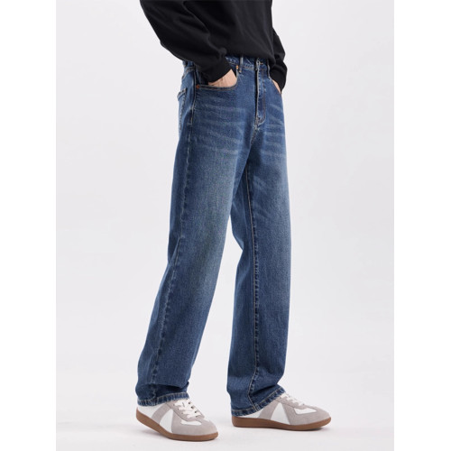 深藍色窄版直筒牛仔褲2025新款男秋冬款寬鬆濶腿休閒長褲子