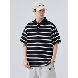 日系復古拼色條紋polo衫男夏季潮牌薄款休閒百搭翻領短袖體恤衫