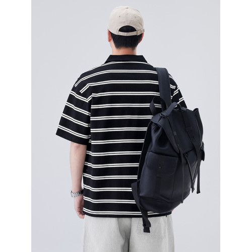 日系復古拼色條紋polo衫男夏季潮牌薄款休閒百搭翻領短袖體恤衫