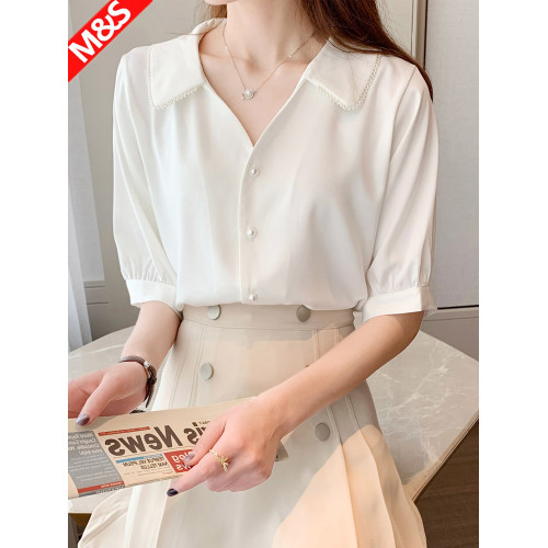 白色雪紡襯衫女2025夏季新款輕奢高級感短袖白襯衣職業正裝上衣v