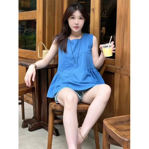 2025超火減齡法式小資上衣背心設計感克萊因藍顯瘦女士無袖襯衫夏