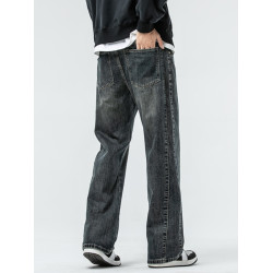 美式高街微喇牛仔褲男秋冬新款潮牌寬鬆直筒重磅休閒長褲子