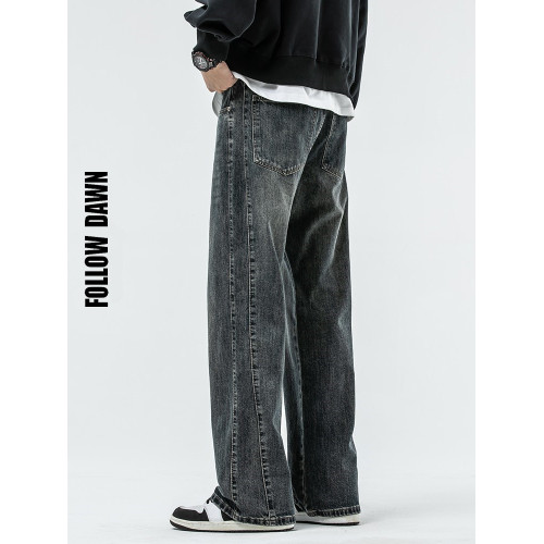 美式高街微喇牛仔褲男秋冬新款潮牌寬鬆直筒重磅休閒長褲子