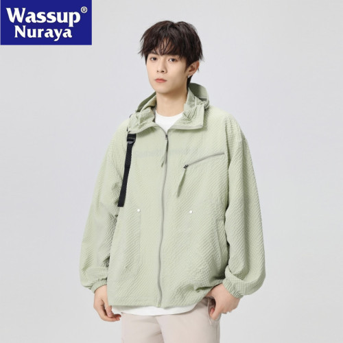 WASSUP NURAYA泡泡格速乾防曬衣男夏薄款連帽防紫外線情侶防曬服