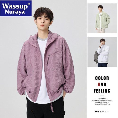 WASSUP NURAYA泡泡格速乾防曬衣男夏薄款連帽防紫外線情侶防曬服