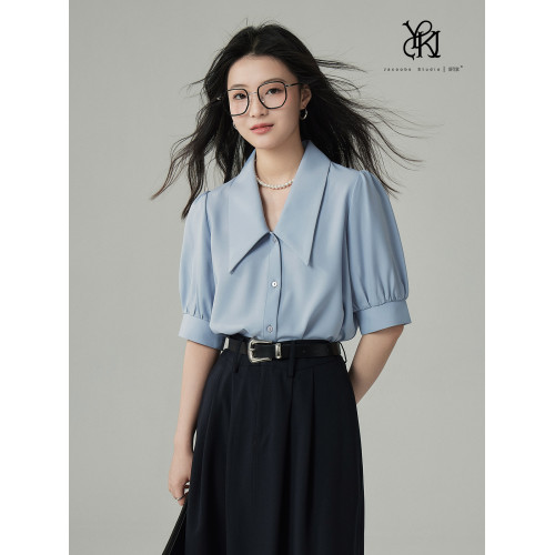 婭可家藍色襯衫女夏設計感小衆法式休閒氣質尖領短袖通勤百搭上衣