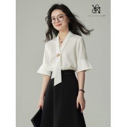 JACOOBS白色飄帶襯衫女緞面面試上衣設計感小衆輕熟港風通勤穿搭