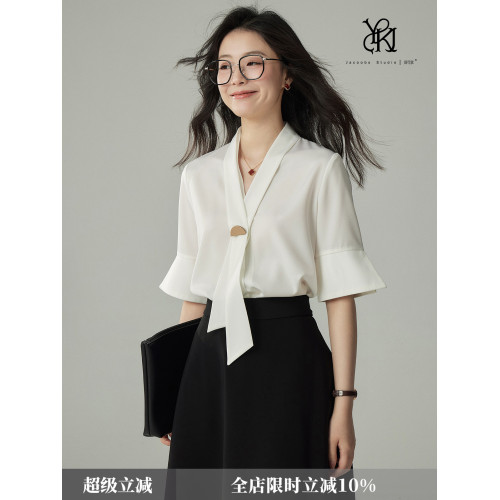JACOOBS白色飄帶襯衫女緞面面試上衣設計感小衆輕熟港風通勤穿搭