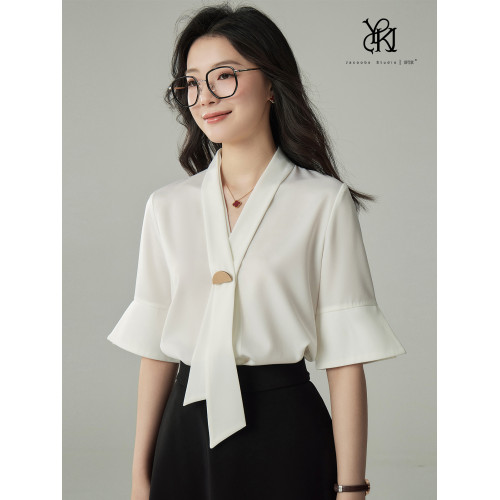 JACOOBS白色飄帶襯衫女緞面面試上衣設計感小衆輕熟港風通勤穿搭