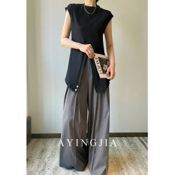 AYINGJIA 老錢襯衫女交叉紐結襯衣黑色通勤寬松氣質無袖小衆上衣