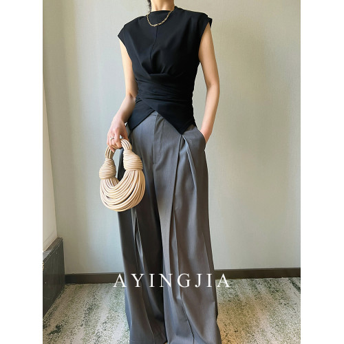 AYINGJIA 老錢襯衫女交叉紐結襯衣黑色通勤寬松氣質無袖小衆上衣
