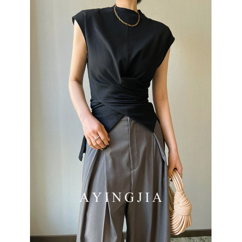 AYINGJIA 老錢襯衫女交叉紐結襯衣黑色通勤寬松氣質無袖小衆上衣