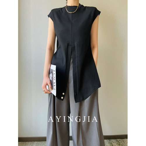 AYINGJIA 老錢襯衫女交叉紐結襯衣黑色通勤寬松氣質無袖小衆上衣