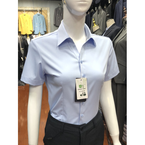 短袖V領淺藍色襯衫女職業裝竹纖維彈力面試物業教師工作服女寸衣