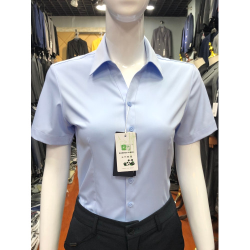 短袖V領淺藍色襯衫女職業裝竹纖維彈力面試物業教師工作服女寸衣