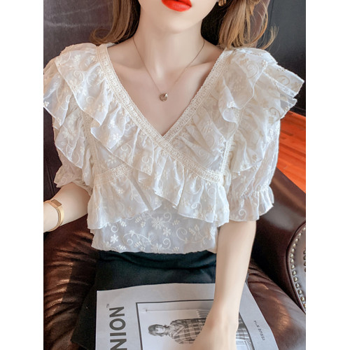 歐洲站雪紡襯衫女夏季薄款2025年新款設計感小衆寬松洋氣v領大碼