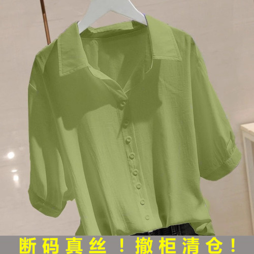 唯哥弟風桑蠶絲襯衫女純色小衫短袖寬松顯瘦小衆薄款真絲氣質上衣