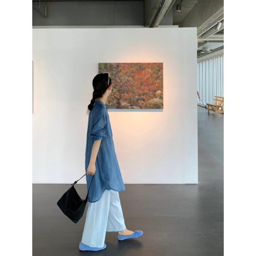 藍色圓領寬松中長款防曬襯衫女2025新款夏季棉麻亞麻天絲薄款外套