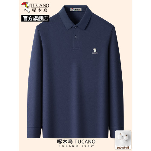 【100%純棉】啄木鳥秋季新款男士長袖T恤爸爸裝翻領polo衫上衣服C