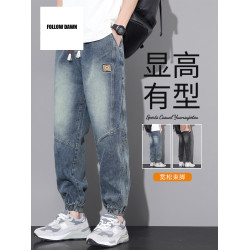 哈倫牛仔褲男春秋潮牌寬松束腳系繩松緊腰工裝復古九分褲