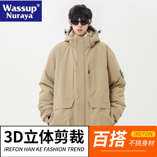 WASSUP NURAYA卡其色棉服男冬季加厚服戶外防風連帽工裝棉衣外套