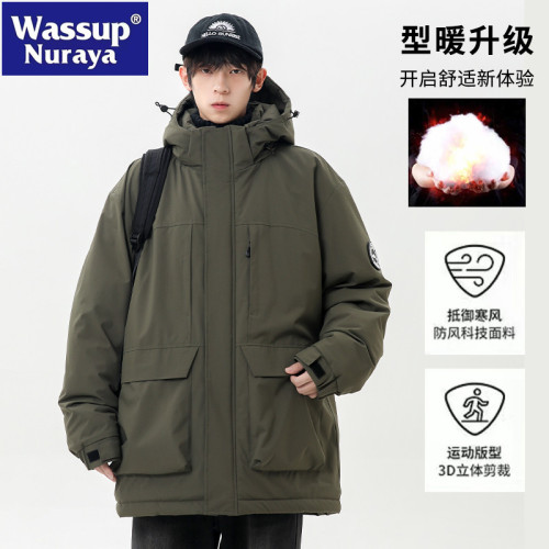 WASSUP NURAYA卡其色棉服男冬季加厚服戶外防風連帽工裝棉衣外套
